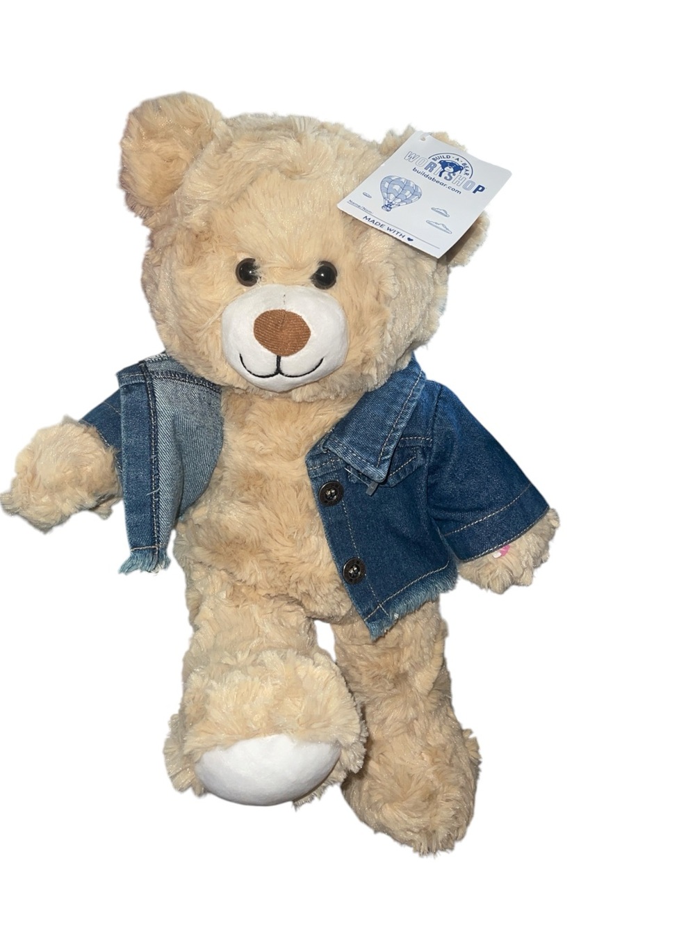 BUILD A BEAR WORKSHOP CUDDLY BROWN BEAR WEARING A FRAYED JEAN JACKET